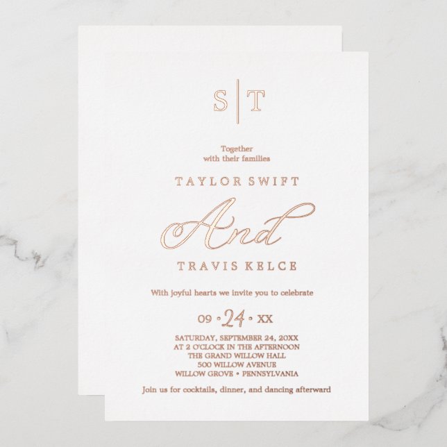 Invitation En Aluminium Monogramme de mariage moderne écriture feuille d'o (Recto/Verso)