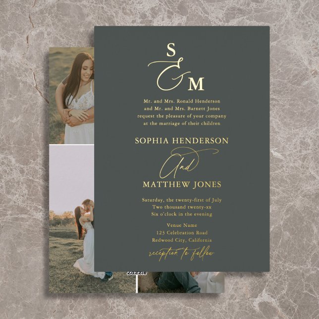 Invitation En Aluminium Monogramme de script élégant formel pour 4 photos  (Créateur téléchargé)