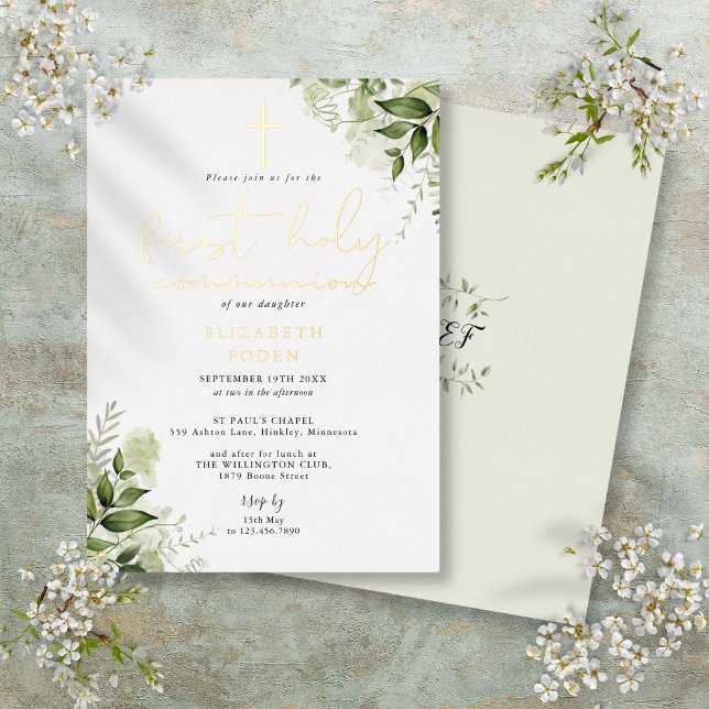 Invitation En Aluminium Monogramme de verdure rustique Première Sainte Com (Rustic Greenery Monogram First Holy Communion Foil Invitation)
