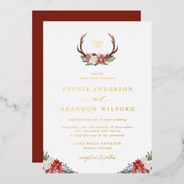 Invitation En Aluminium Monogramme d'hiver Antler Wreath de vacances Maria (Recto/Verso)