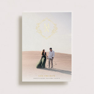 Invitation En Aluminium Monogramme diamant avec fleurs Or Enregistrer la d