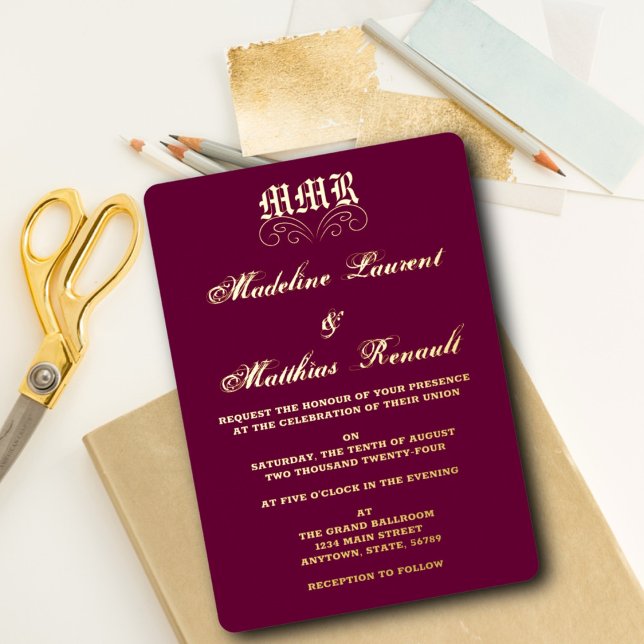 Invitation En Aluminium Monogramme Elegant Bourgogne et Mariage Or (Créateur téléchargé)