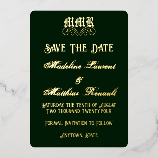 Invitation En Aluminium Monogramme Elegant Dark Green & Gold Enregistrer l (Recto)