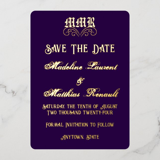 Invitation En Aluminium Monogramme Elegant Dark Purple & Gold Enregistrer  (Recto)
