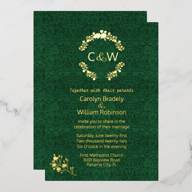 Invitation En Aluminium Monogramme en Mariage damassé vert de couronne fle (Recto/Verso)