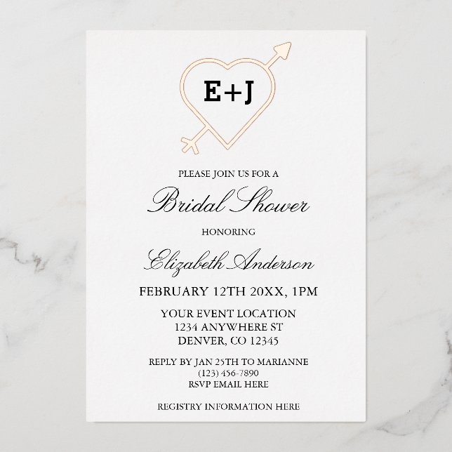 Invitation En Aluminium Monogramme Fête des mariées Coeur Et Flèche (Recto)