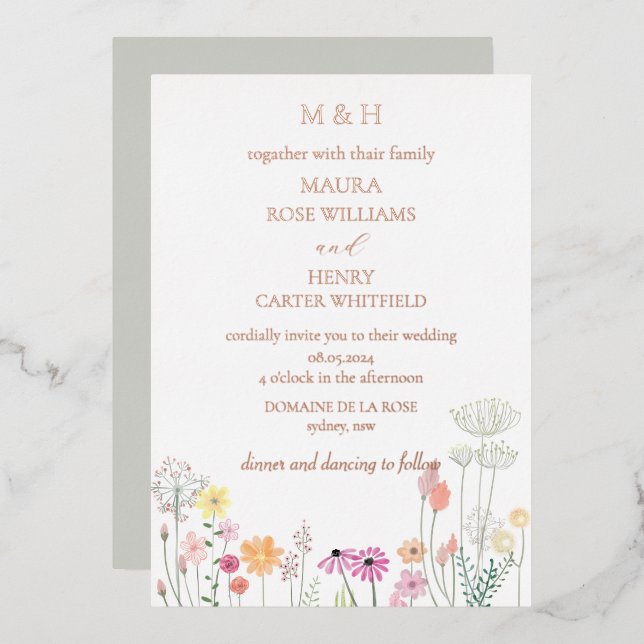 Invitation En Aluminium Monogramme Fleur sauvage de printemps coloré (Recto/Verso)