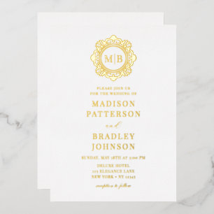 Invitation En Aluminium Monogramme Floral Orné Élégant De Mariage