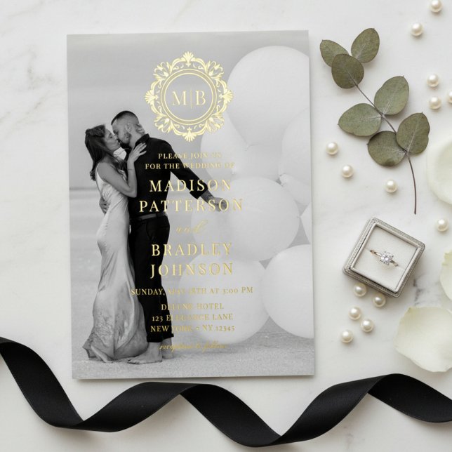 Invitation En Aluminium Monogramme Floral Orné Mariage Photo Élégant (Créateur téléchargé)