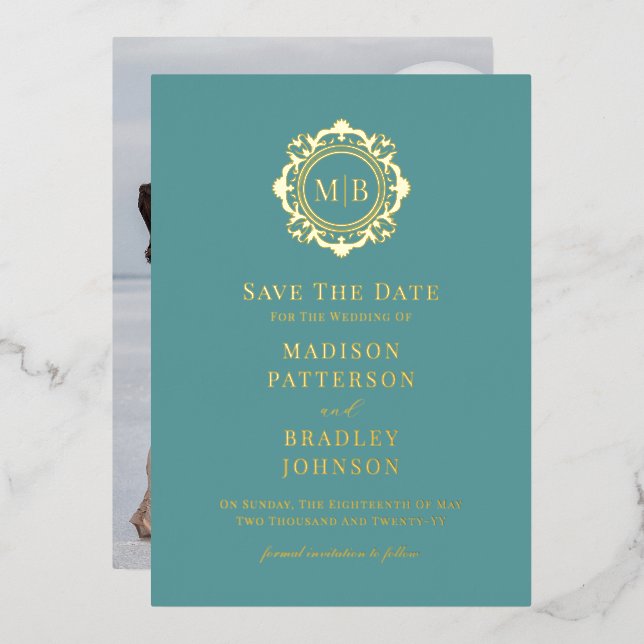 Invitation En Aluminium Monogramme Floral Orné Mariage Photo Enregistrer L (Recto/Verso)