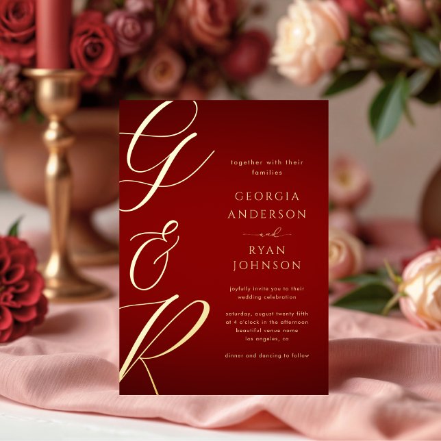 Invitation En Aluminium Monogramme Géant Rouge Cramoisi Or Mariage (Créateur téléchargé)