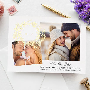 Invitation En Aluminium Monogramme Gold Wreath Collage Photo Enregistrer L