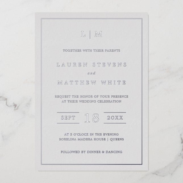 Invitation En Aluminium Monogramme gris clair simple Mariage élégant (Recto)