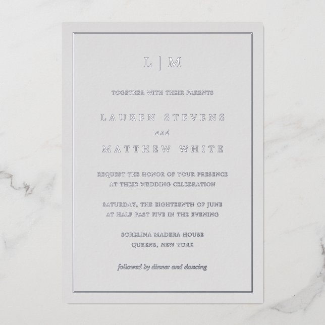 Invitation En Aluminium Monogramme gris clair simple Mariage élégant (Recto)