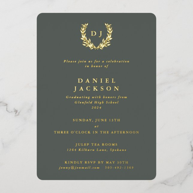 Invitation En Aluminium Monogramme gris-vert + Laurel Wreath Graduation (Recto)