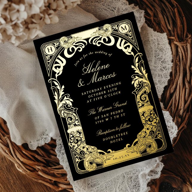 Invitation En Aluminium Monogramme Mariage de cadre Art nouveau Black Gold (Créateur téléchargé)