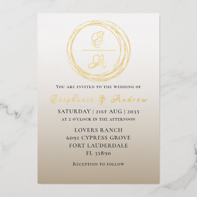 Invitation En Aluminium Monogramme Mariage de calligraphie or moderne (Recto)