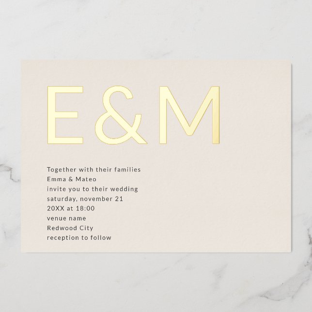 Invitation En Aluminium Monogramme Mariage Moderne Beige Gras (Recto)