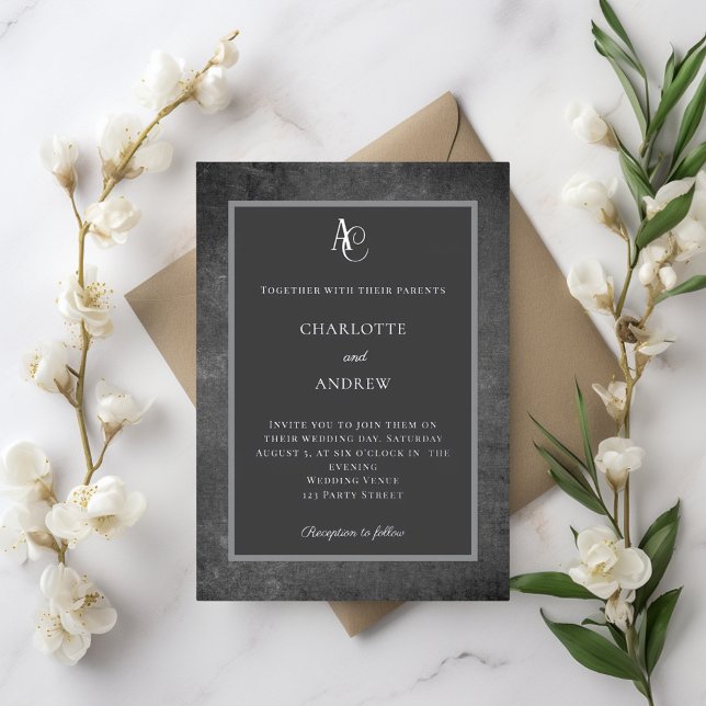 Invitation En Aluminium Monogramme moderne argent gris mariage rustique (Créateur téléchargé)