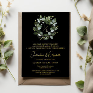 Invitation En Aluminium Monogramme moderne Eucalyptus Wreath Black