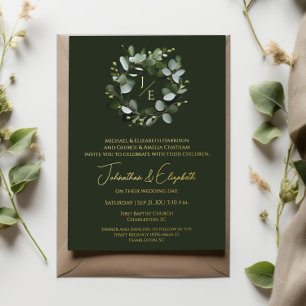 Invitation En Aluminium Monogramme moderne Eucalyptus Wreath Dark Green
