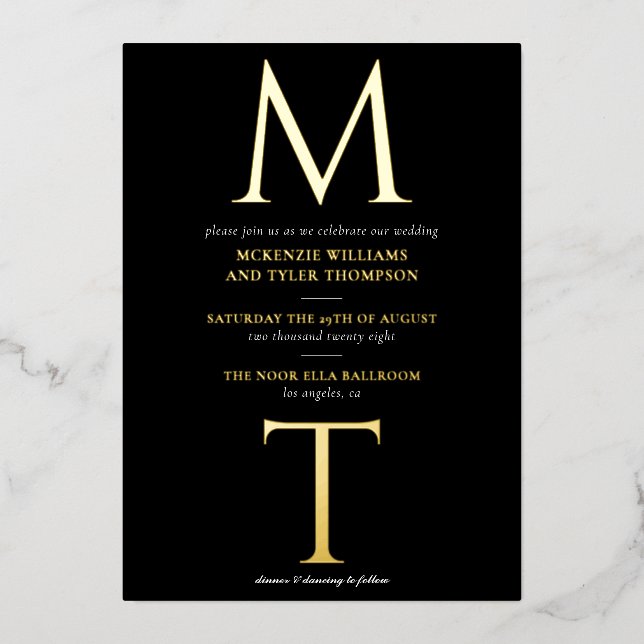 Invitation En Aluminium Monogramme moderne Gras Initiales Noir & Or (Recto)