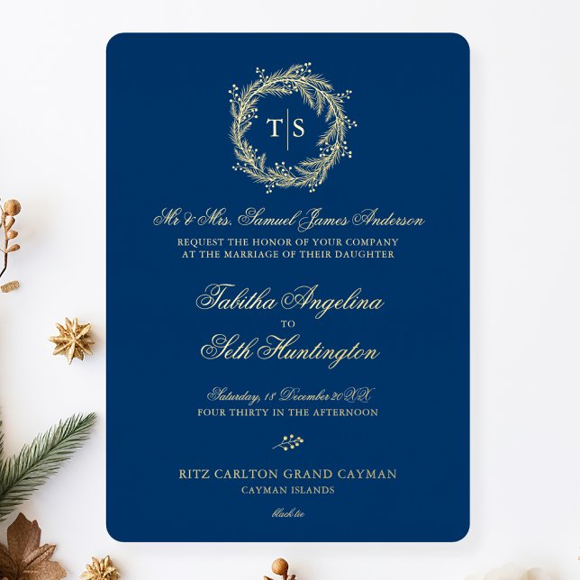 Invitation En Aluminium Monogramme moderne Mariage bleu or (Créateur téléchargé)