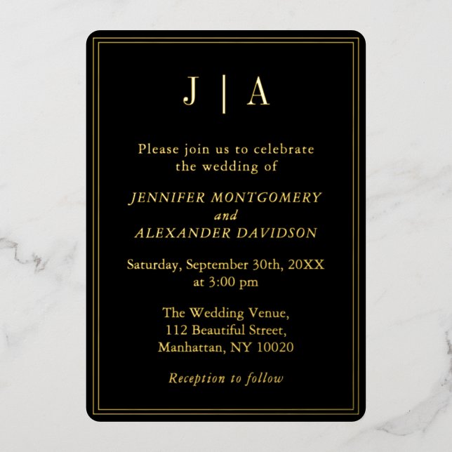 Invitation En Aluminium Monogramme Moderne Simple Noir Et Or Mariage (Recto)