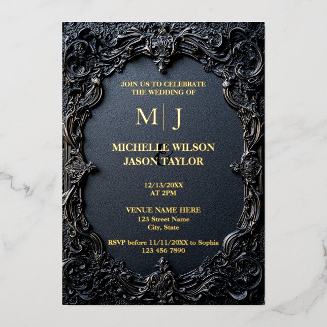 Invitation En Aluminium Monogramme moderne Tarot gothique noir et or (Recto)