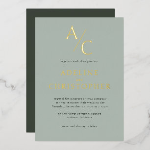 Invitation En Aluminium Monogramme Moderne Vert Sauge Or