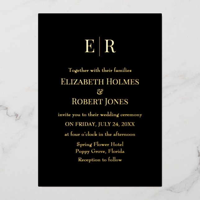 Invitation En Aluminium Monogramme noir et or Mariage photo personnalisé (Recto)