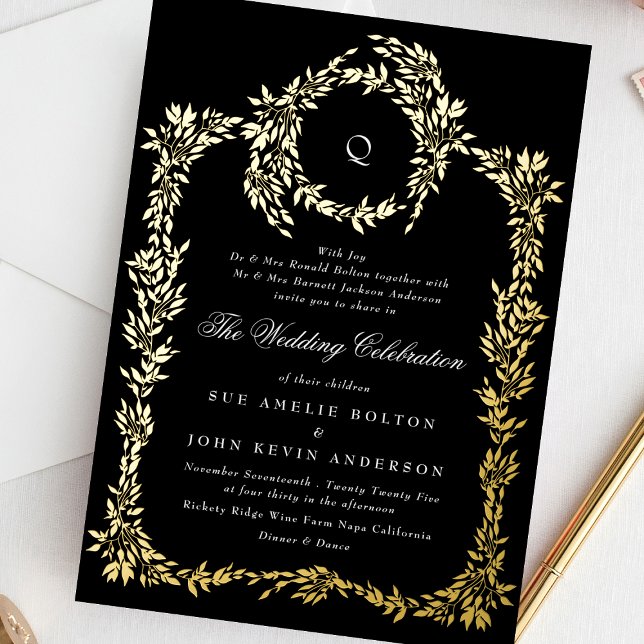 Invitation En Aluminium Monogramme or Noir Crest Mariage classique (Créateur téléchargé)