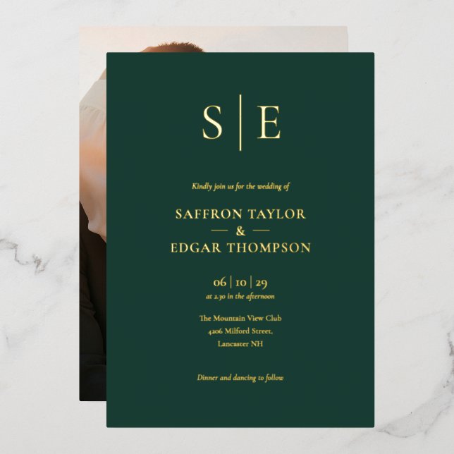 Invitation En Aluminium Monogramme Photo Mariage Emerald Green And Gold (Recto/Verso)