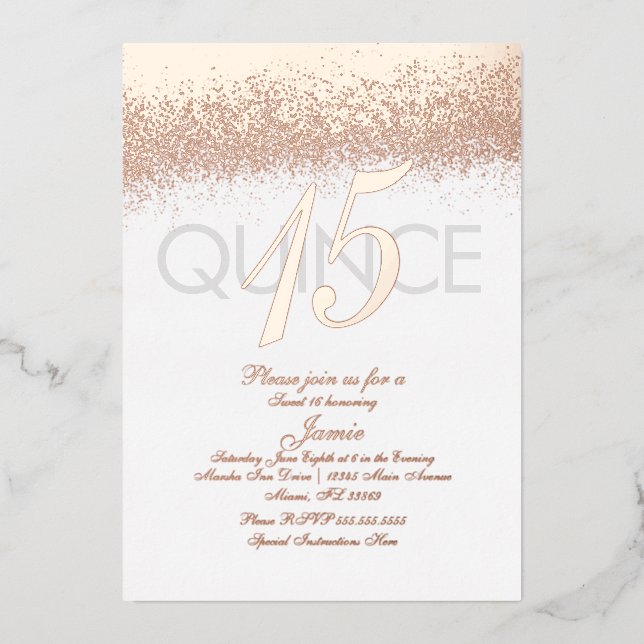 Invitation En Aluminium Monogramme Quince or Parties scintillant pressée (Recto)