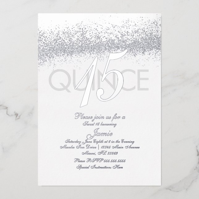 Invitation En Aluminium Monogramme Quince Pressé Parties scintillant Argen (Recto)