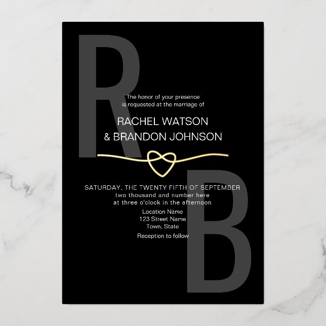 Invitation En Aluminium Monogramme romantique or et Mariage noir QR Code (Recto)