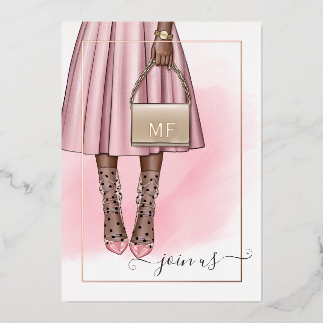 Invitation En Aluminium Monogramme rose et Rose or Bachelorette Party (Recto)