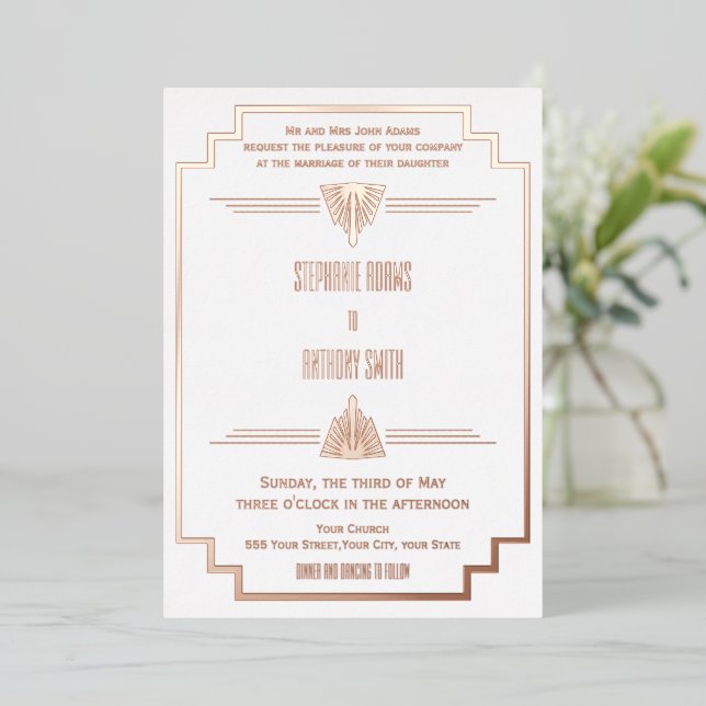 Invitation En Aluminium Monogramme Rose or et blanc Art déco Mariage Foil (Debout devant)
