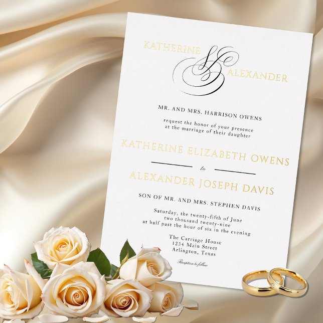 Invitation En Aluminium Monogramme Script Gold Blanc Noir Mariage (Créateur téléchargé)