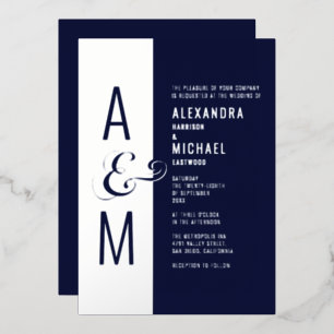 Invitation En Aluminium Monogramme Typographie Marine Blue Silver Mariage