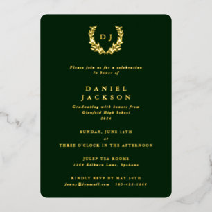 Invitation En Aluminium Monogramme Vert Foncé + Couronne de Laurier Diplôm