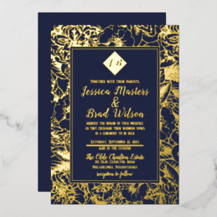 Invitation En Aluminium Monogramme vintage   Floral Mariage bleu   Or