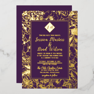 Invitation En Aluminium Monogramme vintage   Floral Mariage pourpre   Or
