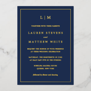 Invitation En Aluminium Monographie bleu marine simple Mariage élégant