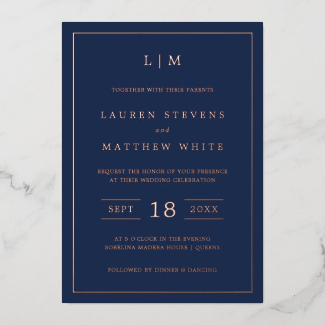 Invitation En Aluminium Monographie bleu marine simple Mariage élégant (Recto)