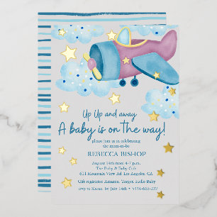 Invitation En Aluminium Monté Monté et Parti Avion Gris Violet Baby Shower