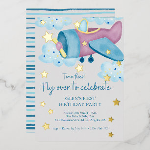 Invitation En Aluminium Montez et partez en avion violet gris avion Birthd