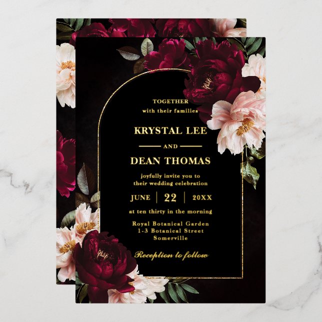 Invitation En Aluminium Moody Burgundy Blush Pink Floral Peonies Wedding (Recto/Verso)