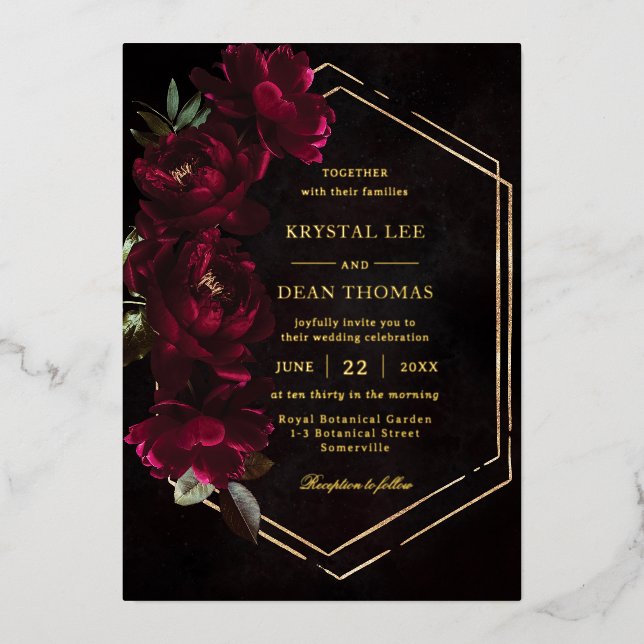 Invitation En Aluminium Moody Burgundy Floral Peonies Wedding (Recto)