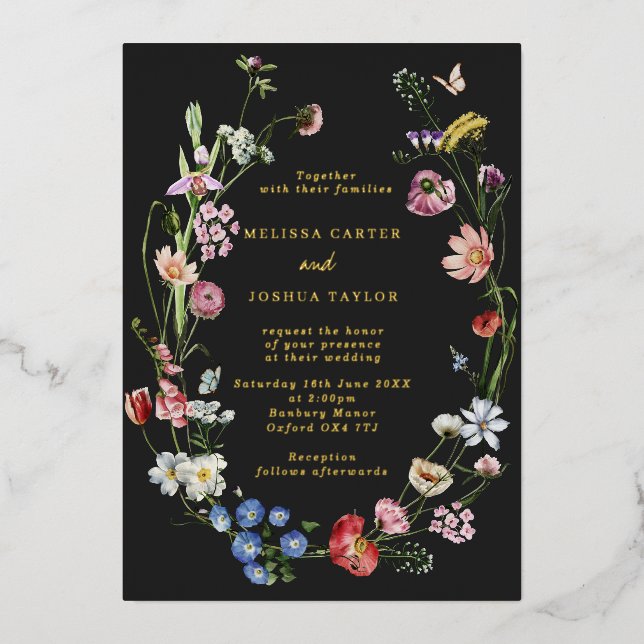 Invitation En Aluminium Moody Dutch Flowers & Butterflies Mariage Gold (Recto)